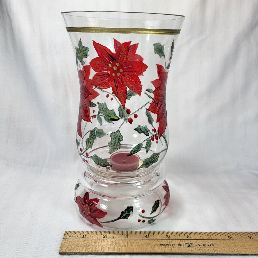 Celebrations Poinsettia Hurricane Candle Holder Glass 10" Christmas 2pc with Box - Picture 3 of 16